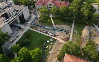 An aerial view of sustainable infrastructure work in Wilder Bowl.