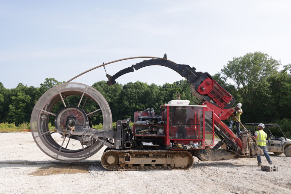 Geothermal well drill rig in well field at Oberlin College. Photo courtesy of Oberlin College by Jacob Strauss